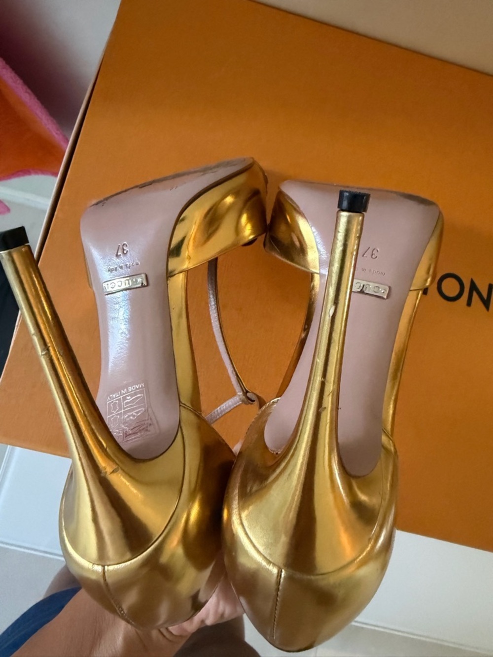 Gucci Metallic Gold Studded Pointed-Toe T‑Strap Stilettos - Picture 13 of 16